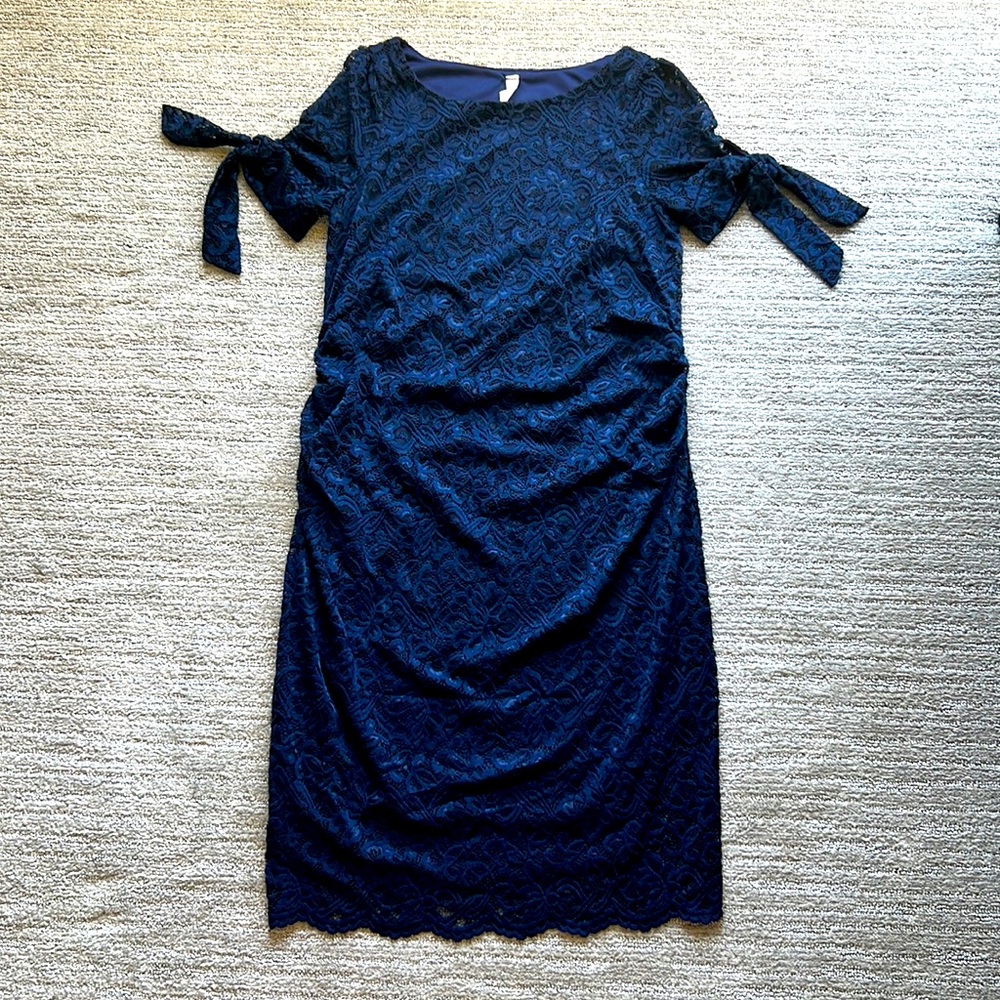 Navy Lace Overlay Sleeve Tie Fitted Maternity Dress